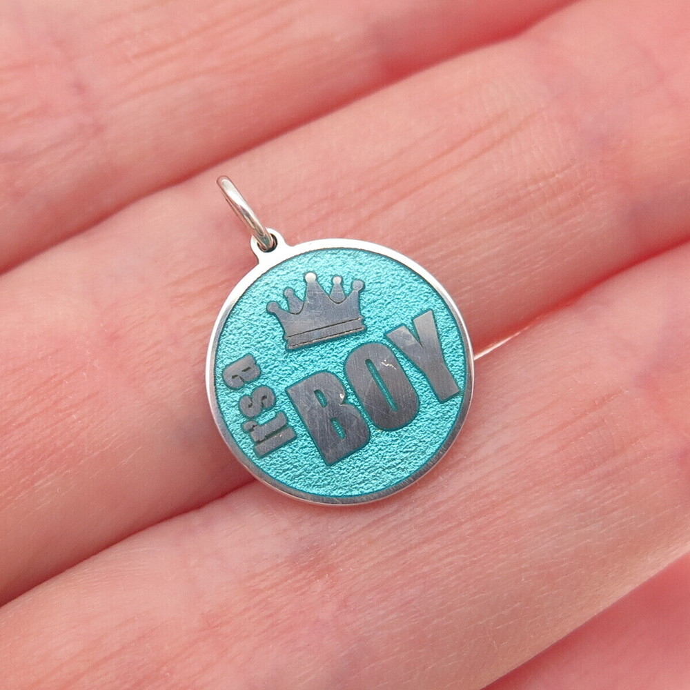 925 Sterling Silver Turquoise Enamel It's a Boy Round Tag Mini Charm Pendant
